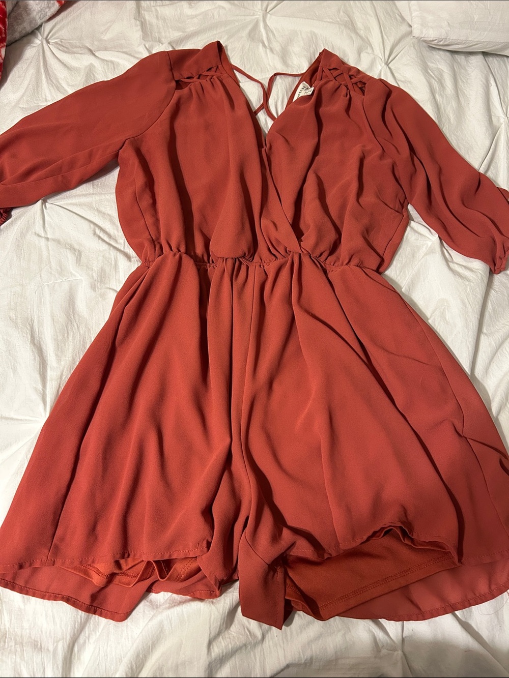 Monteau Rust Red Long Sleeve V-Neck Romper